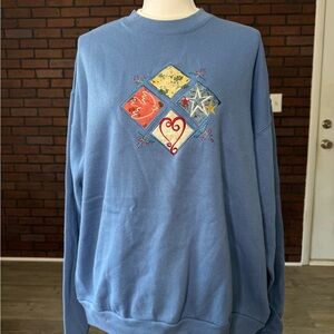 MC Sportswear Embroidered Patchwork Sweatshirt Blue XL Cottagecore‎ Cozy